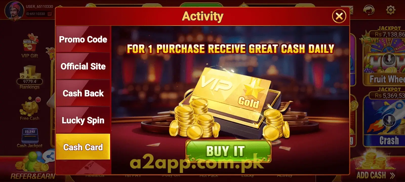 A2 Game Activity Cash Back